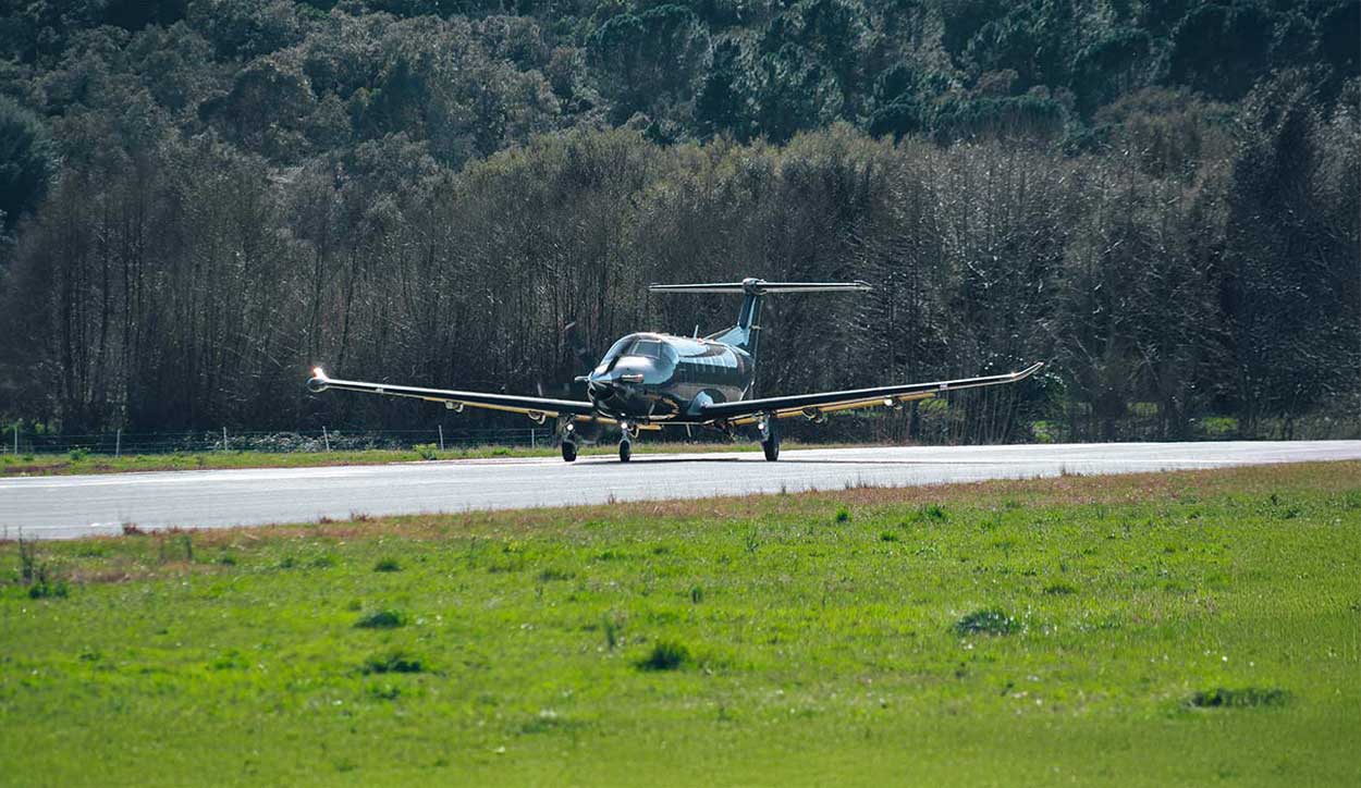 A small aircraft is landing on a runway surrounded by grass, with a forested area in the background.